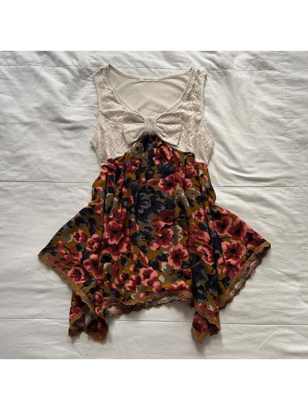 Axes Femme Floral Lace Bow Handkerchief Hem Tunic Top Cream Medium Japan